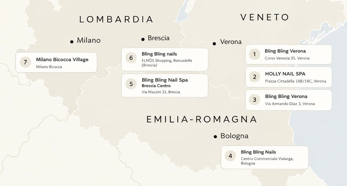 Map of northern Italy showing Bling Bling nail salon locations in Verona, Brescia, and Bologna with numbered markers.